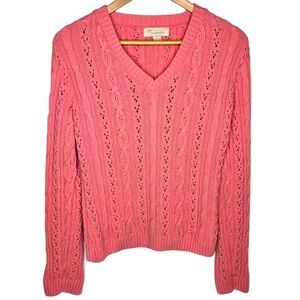 Mainbocher Chunky Cable Knit Sweater Women's V Neck Fisherman Nautical Melon S